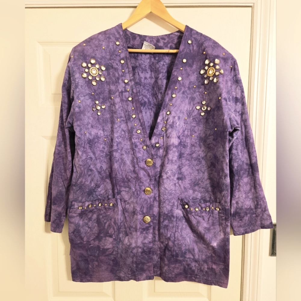 Vintage Purple Button Front Jacket With Gold Rhinestone Bedazzled Accents